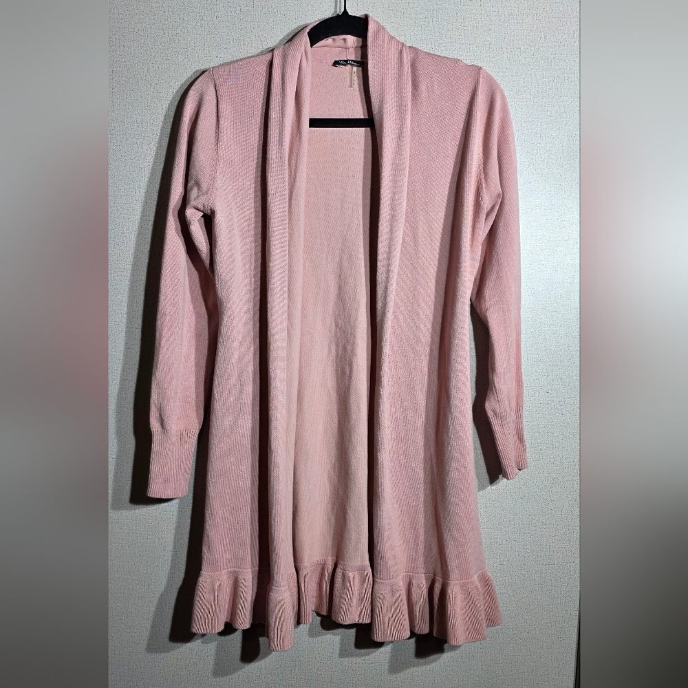 Women’s Pink Open-Front Ruffle Hem Cardigan